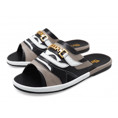 Men Sandals SKF-38 Grey&Black Nappa-White Pebble grain Microfiber Leather